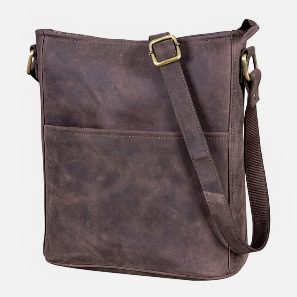 Vintage Genuine Rustic Light Nutmeg Leather Crossbody Bag with Adjustable Strap.